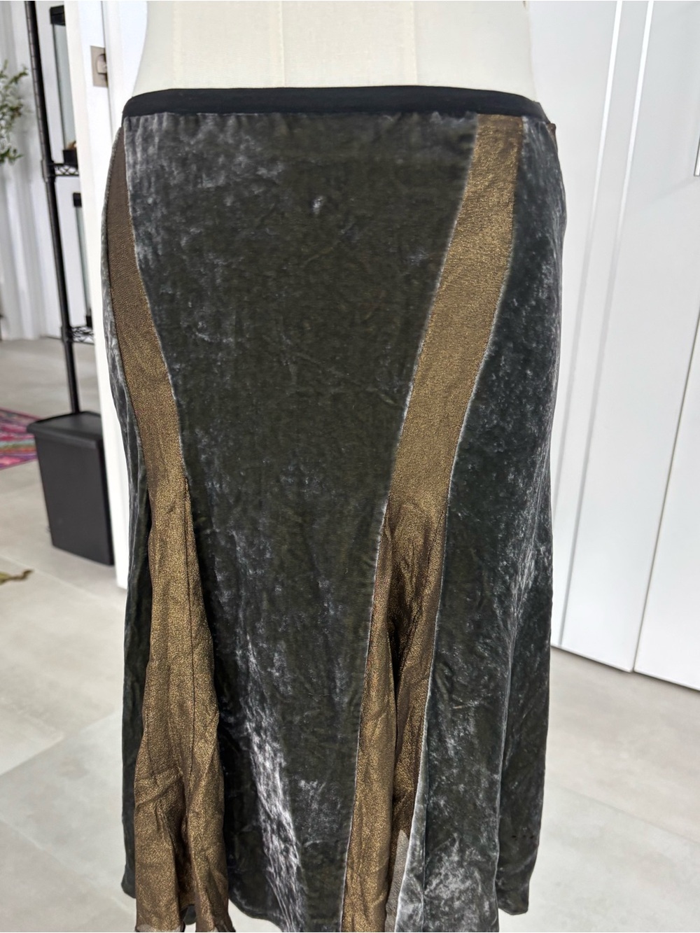 Etro Charcoal Grey Velvet A-Line Skirt with Gold Metallic Panels